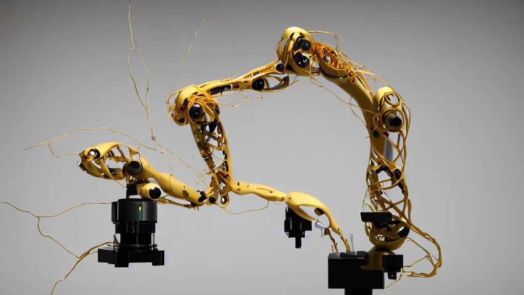 Prompt: a complex bifurcated robotic cnc surgical arm hybrid 3 d printer machine making organic ceramic kintsugi mandlebulb forms in the laboratory room, very thin gold wire, film still from the movie directed by denis villeneuve with art direction by salvador dali, wide lens, f 3 2, cinematic lighting, studio quality, smooth render, unreal engine 5 rendered, octane rendered