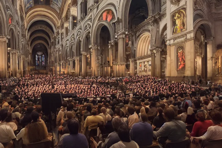 Image similar to huge crowd listens to a hermeneutic pipe organ concert in a vast basilica, matte painting, scenic full shot, ambient lighting, by makoto shinkai, artgerm, oil painting by caravaggio and goya