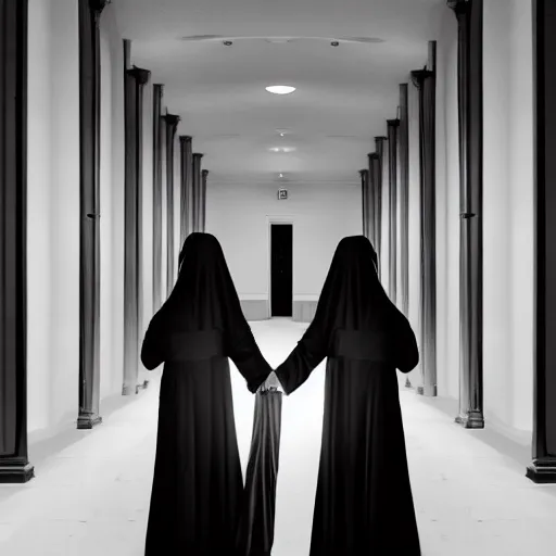 Prompt: nightmare vision, black and white, award winning photo, levitating twin nuns, wearing translucent sheet, Mary in a sanctuary, mirror hallways, eerie, frightening, holding hands, smiling —width 1024 —height 1024