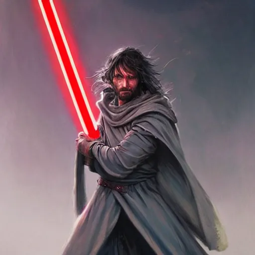 Image similar to portrait Aragorn as a Jedi Knight with red glowing eyes and a bright red lightsaber, art by pete mohrbacher and seb mckinnon and beksinski and josan gonzales, digital art, highly detailed, intricate, sci-fi, sharp focus, Trending on Artstation HQ, deviantart, unreal engine 5, 4K UHD image