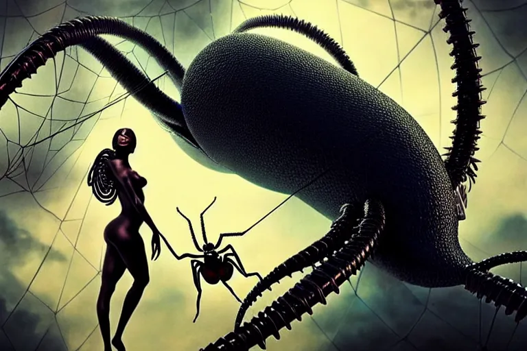 Image similar to realistic detailed closeup portrait movie shot of a beautiful black woman on a giant spider, dystopian city landscape background by denis villeneuve, amano, yves tanguy, alphonse mucha, max ernst, ernst haeckel, edward robert hughes, roger dean, cyber necklace, rich moody colours, sci fi patterns, wide angle