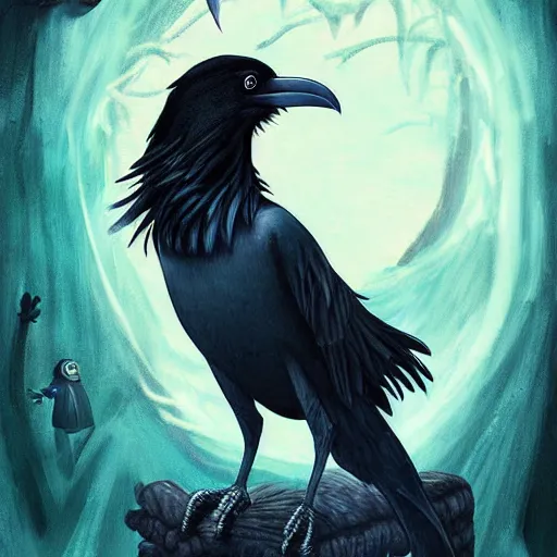 Prompt: fantasy painting of a raven by rick and morty | horror themed | creepy