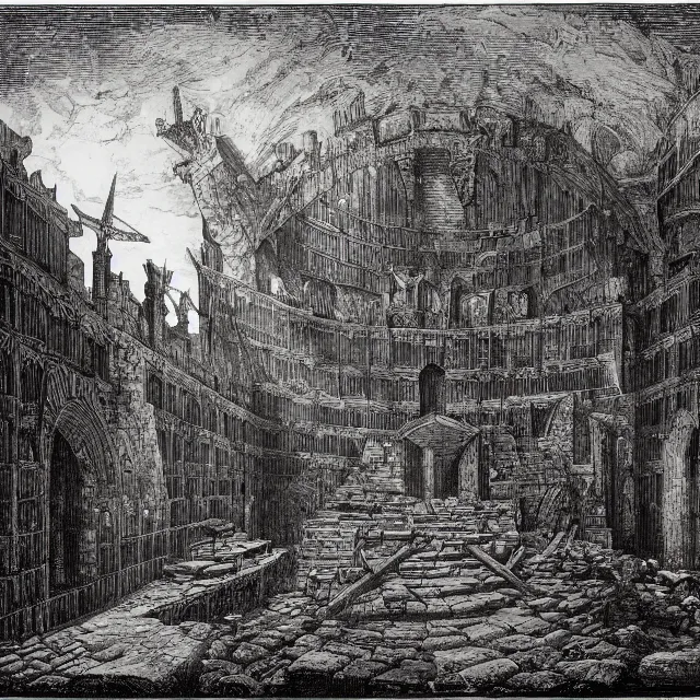 Prompt: an engraving of a medieval dungeon, carceri d'invenzione, by giovanni battista piranesi, gustave dore, volumetric lighting