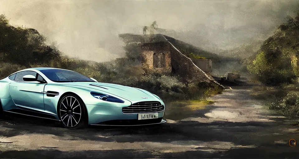 Image similar to Aston Martin in hill Next to the pool,digital art,ultra realistic,ultra detailed,art by greg rutkowski