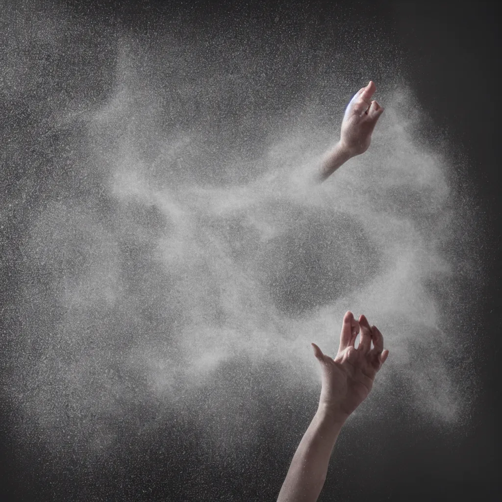 Prompt: two hands! manipulating a dough! floating in the air, black background, flour dust spray, backlit, high quality action photography, studio photo, 50mm