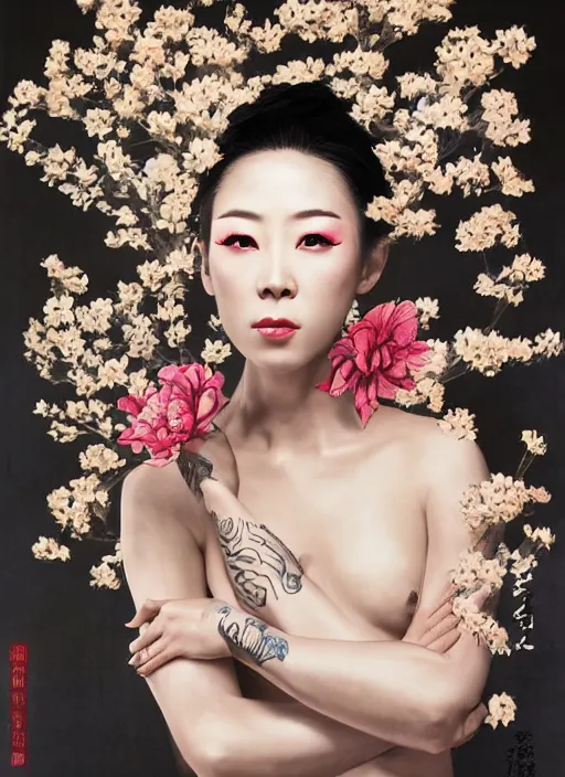 Prompt: portrait of Zhang Jingchu as a young tattoed Geisha, defiant look attitude, cinematic lighting, ultra-detailed, sharp focus, D&D style, highly detailed, sharp focus, golden background with flowers, photorealism, style of Hajime Sorayama, art by Hirothropologie , artgerm and Patrick DeMarchelier