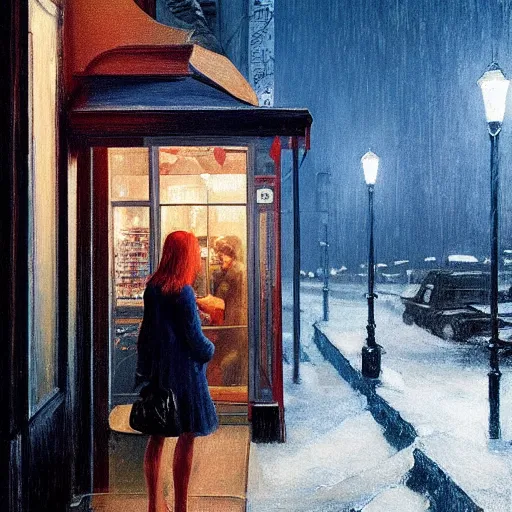 Prompt: Elle Fanning stalking her prey at night in the world of Edward Hopper, stormy snowy weather, streetlights, extremely detailed masterpiece, oil on canvas, low-key neon lighting, artstation, Blade Runner 2049, Roger Deakin’s cinematography, by J. C. Leyendecker and Peter Paul Rubens,