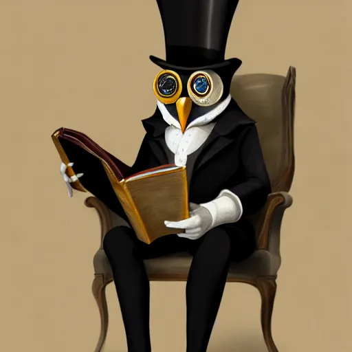 Image similar to a well-dressed owl wearing a monocle and a top hat, sitting in an armchair and reading a book, digital painting, concept art, trending on artstation, highly detailed