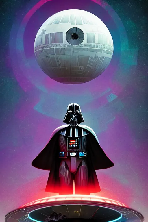 Image similar to darth vader dj standing on a giant science fiction turntable at a deathstar rave, digital art, winning award masterpiece, fantastically beautiful, illustration, dan mumford, moebius, artgerm, wlop 8 k