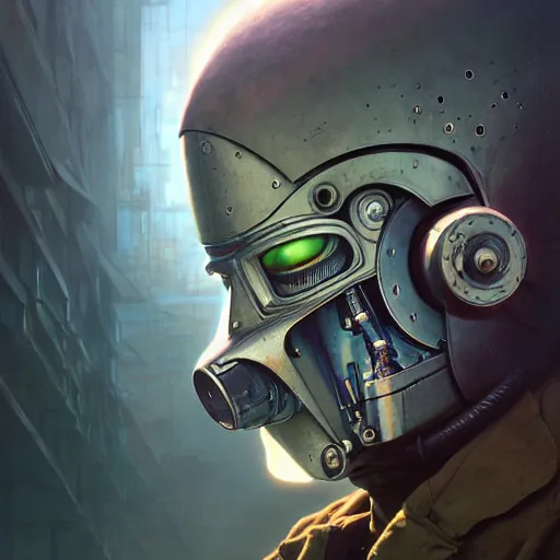 Image similar to a expressive portrait of masked diesel punk robot in dramatic lighting, depth of field background, artstation, award - winning realistic sci - fi concept art by jim burns and greg rutkowski, beksinski, a realism masterpiece, expressive color palette, james gilleard, bruegel, alphonse mucha, and yoshitaka amano