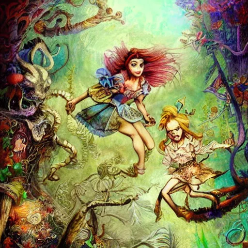 Image similar to alice in wonderland tripping on lsd, intricate detail, painting, royo, frazetta, whealan,