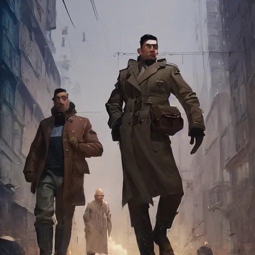 Image similar to a highly detailed epic cinematic concept art CG render digital painting artwork: Soviet dieselpunk detectives from Se7en. By Greg Rutkowski, Ilya Kuvshinov, WLOP, Stanley Artgerm Lau, Ruan Jia and Fenghua Zhong, trending on ArtStation, subtle muted cinematic colors, made in Maya, Blender and Photoshop, octane render, excellent composition, cinematic atmosphere, dynamic dramatic cinematic lighting, precise correct anatomy, aesthetic, very inspirational, arthouse