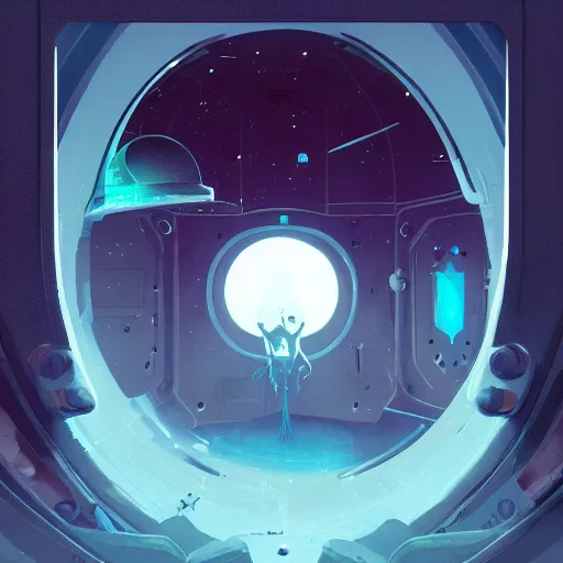 Prompt: An alien looking out of a window in space on a spaceship, collaborative illustration illustrated by Greg Rutkowski and Anton Fadeev, sci-fi art, photorealistic details, intricate details, 4k, 8k.