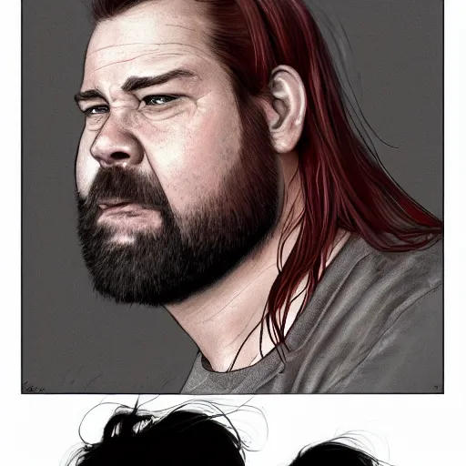 Image similar to portrait of a half fatman half pig with long hair tied in a ponytail, light stubble with red shirt ,digital art,photorealistoc,art by greg rutkowski,hyperdetailed,western comic style,comic,comic style,sharp lineart,professional lighting,deviantart,artstation,trevor henderson,rossdtaws,cinematic,dramatic