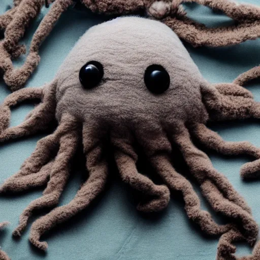 Prompt: a 1 0 5 mm macro image of a very cute fluffy stuffed wool cthulhu toy sitting on a boy's bed