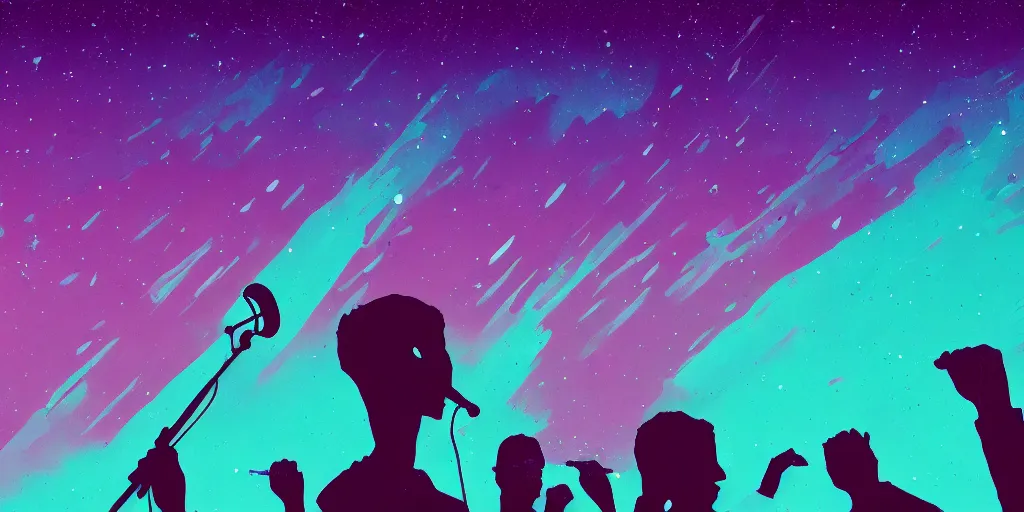 Image similar to rapping into microphone, silhouette, huge crowd, outrun, hip hop, simple shapes, Aurora borealis, trending on Artstation, professional artist, detailed, 4k