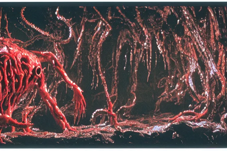 Prompt: filmic wide shot angle movie still 35mm film color photograph of a shape shifting horrific nightmarish abstract organism from The Thing 1982 with multiple limbs and heads decapitating a doctor with splattering blood in the style of a horror film