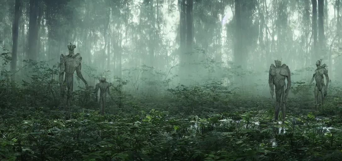 Image similar to a complex organic fractal 3 d metallic symbiotic ceramic humanoid megastructure creature in a swampy lush forest, foggy, sun rays, bubbles, cinematic shot, photo still from movie by denis villeneuve, wayne barlowe