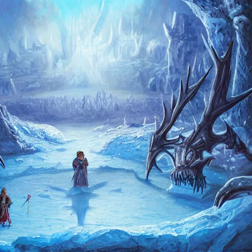 Prompt: a d & d background of a frozen lake with monsters beneath the ice, high quality digital art, gridless, vivid, blue tones, oil painting, trending on arstation, oil painting