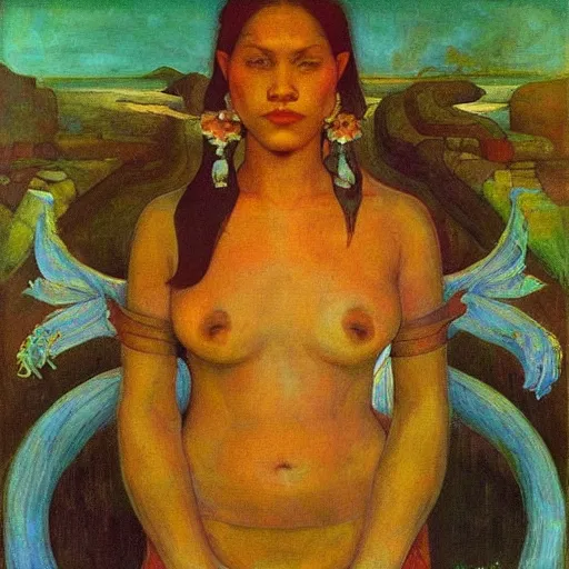 Prompt: the river crown, by Annie Swynnerton and Nicholas Roerich and Diego Rivera, green skin, elaborate costume, geometric ornament, rich color, dramatic cinematic lighting, smooth, sharp focus, extremely detailed