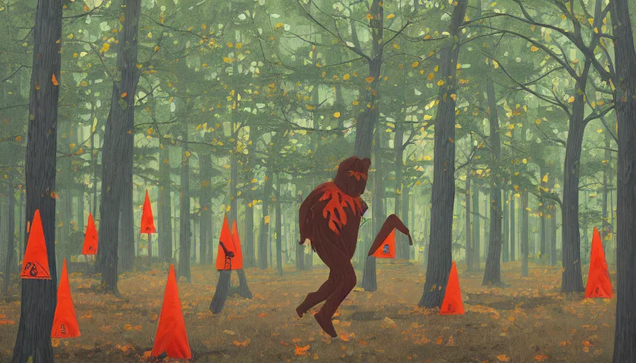 Image similar to safety cones scattered around an oak tree forest, man in bigfoot costume in the distance dancing, by james jean by ilya kuvshinov kintsugi, hyper detailed surrealist painting