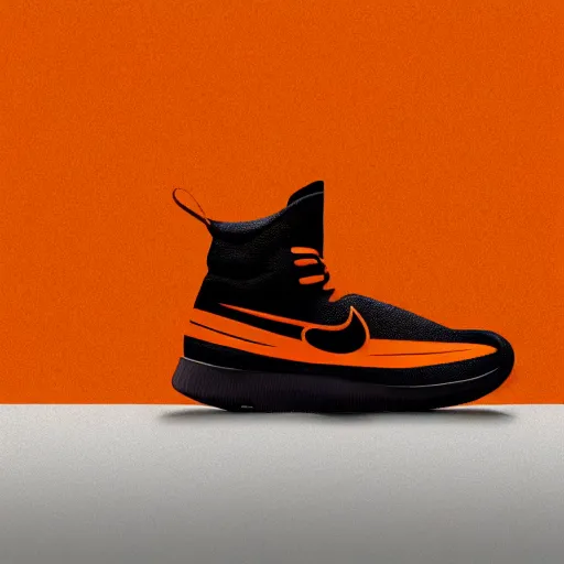 Image similar to nike shoe made of very fluffy orange faux fur placed on reflective surface, professional advertising, overhead lighting, heavy detail, realistic by nate vanhook, mark miner