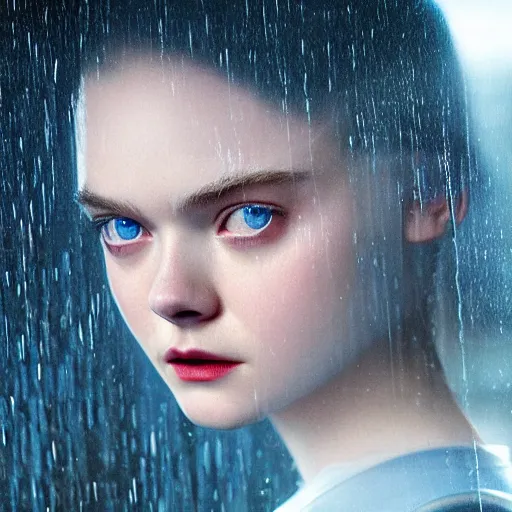 Prompt: Elle Fanning face reflection off a rainy car window, extremely detailed masterpiece, oil on canvas, low-key neon lighting, artstation, Blade Runner 2049, Roger Deakin’s cinematography, by J. C. Leyendecker and Peter Paul Rubens,