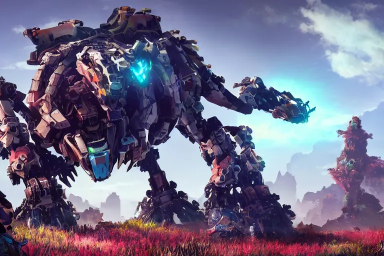 Image similar to grazer machine mecha animal beast robot of horizon forbidden west horizon zero dawn bioluminiscence global illumination ray tracing hdr fanart arstation by sung choi and eric pfeiffer and gabriel garza and casper konefal