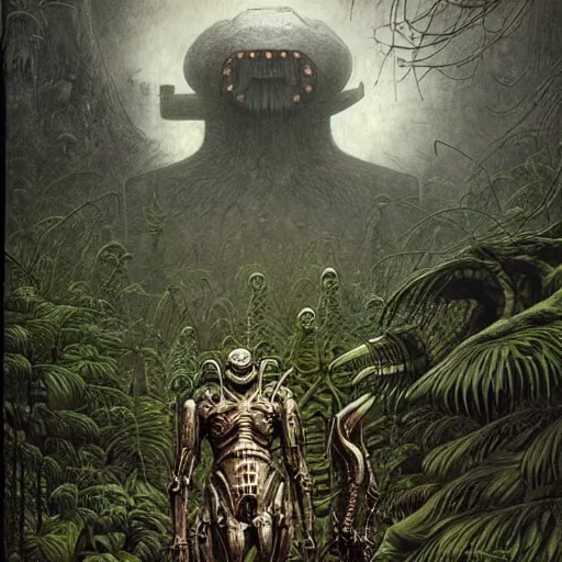 Prompt: a hyperrealistic painting of a cybernetic warrior in the middle of an alien jungle, by john kenn mortensen and zdzislaw beksinski, highly detailed, vivid color,