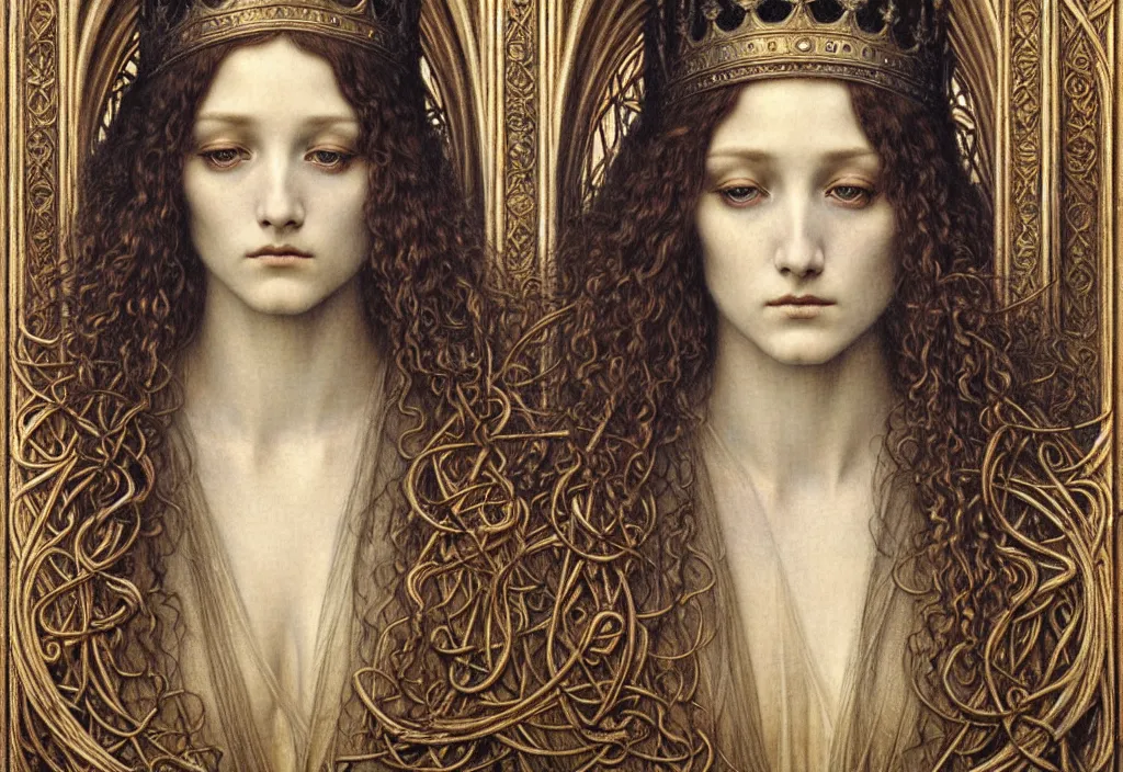 Image similar to detailed realistic beautiful young medieval queen face portrait by jean delville, gustave dore and marco mazzoni, art nouveau, symbolist, visionary, gothic, pre - raphaelite. horizontal symmetry