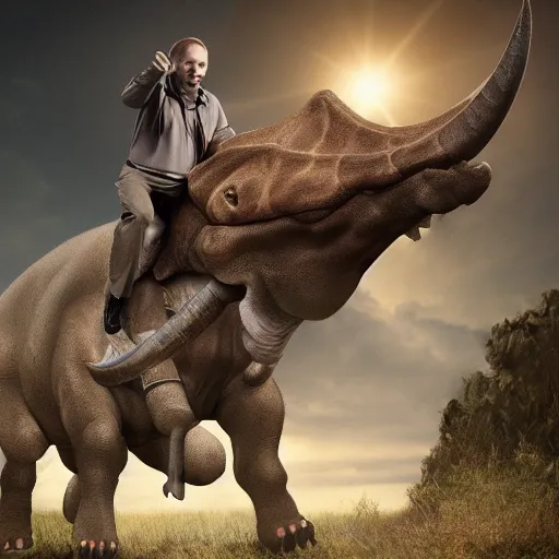 Prompt: Vladimir Putin riding a triceratops, digital art, trending on artstation, 8k, hyper realistic