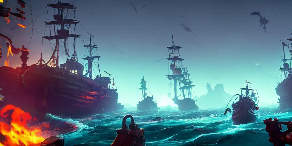 Image similar to sea of thieves in the style of cyberpunk,