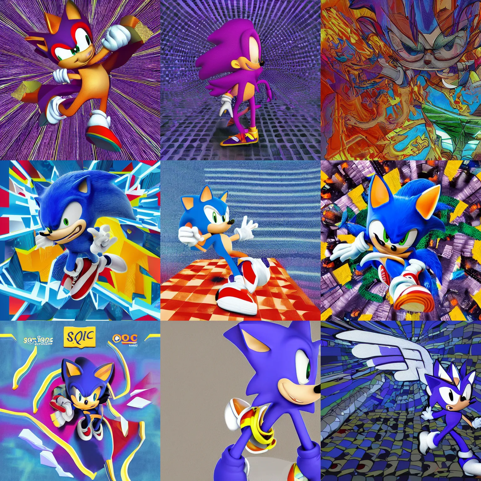 Prompt: sonic mascot made of surreal, sharp, detailed professional, high quality low poly render of MGMT album cover of a liquid dissolving LSD DMTblue sonic the hedgehog on a flat purple checkerboard plane, 1990s 1992 prerendered graphics phong shaded album cover