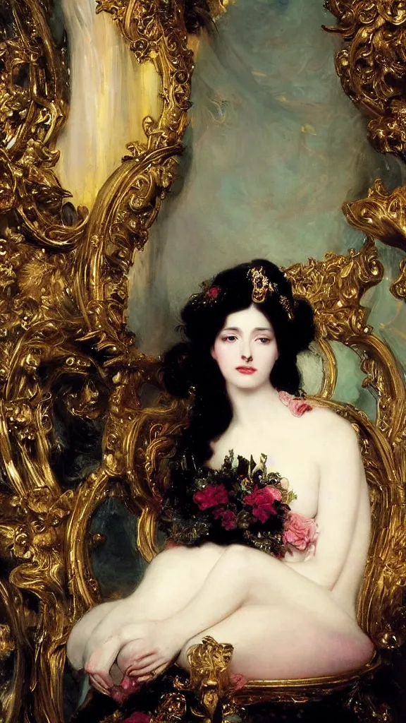 Image similar to a beautiful black haired woman with pale skin and a crown on her head sitted on an intricate metal throne by franz xaver winterhalter and delphin enjolras and rebecca guay