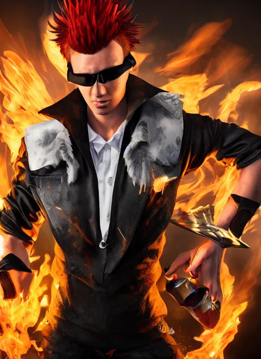 Prompt: An epic fantasy comic book style portrait painting of young man with long red spiked hair. Wearing a black waistcoat, white shirt, using googles. Blasting fire on his hands. Unreal 5, DAZ, hyperrealistic, octane render, cosplay, RPG portrait, dynamic lighting