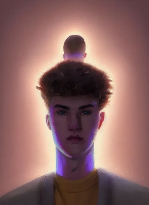 Image similar to portrait of high school senior boy named big moose, blonde short hair, jock, beefy, wide face, square jaw, square facial structure, blue varsity jacket with letter r, intricate, elegant, glowing lights, highly detailed, digital painting, artstation, concept art, sharp focus, illustration, art by wlop, mars ravelo and greg rutkowski