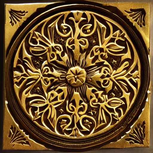 Image similar to ornate engraved carving of a snowflake on a gold panel