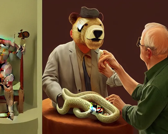 Image similar to the famous snake oil salesman Uncle Aloysius curing a patient of 🐻, painting by Grant Wood, 3D rendering by Beeple, sketch by R. Crumb