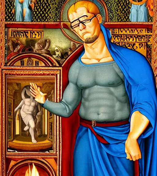 Prompt: hank hill wearing a white tshirt as the god of propane surrounded by blue fire and blue flames, renaissance religious painting, late gothic religious paintings, byzantine religious art, painting by duccio di buoninsegna and carlo crivelli, trending on artstation