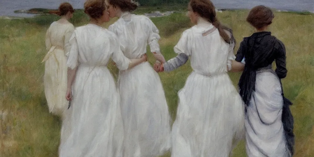 Image similar to a young edwardian woman wearing a white dress on a beach in Sweden, holding hands with another young edwardian woman, in the style of Anders Zorn