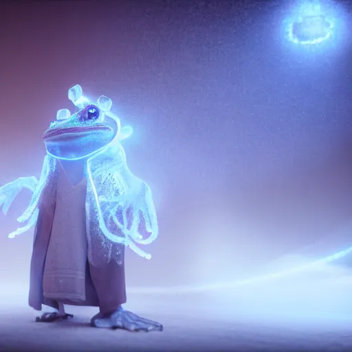 Prompt: frog time wizard with a beard, emitting an immense ray of frost, epic, fantasy, octane render, ( final flash ), 8 k, cinematic