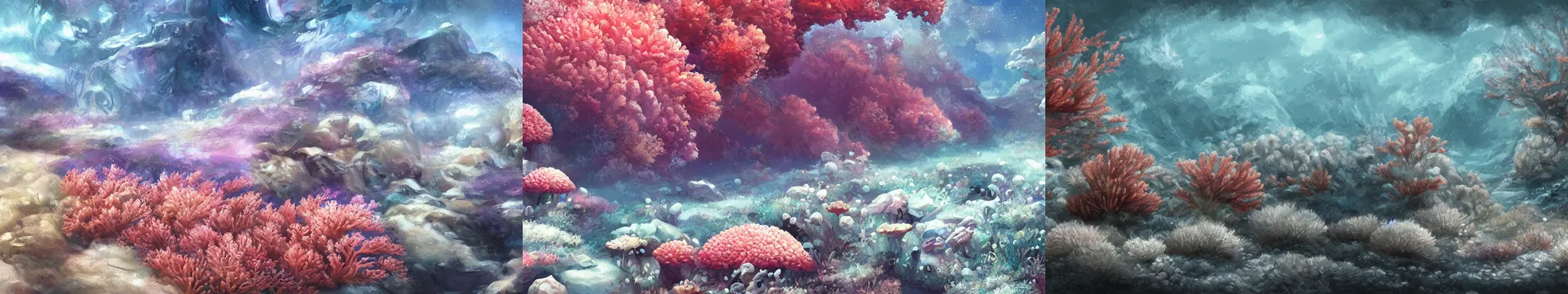 Prompt: landscape, corals, nacre, white. fantasy, digital painting, hd, detailed.