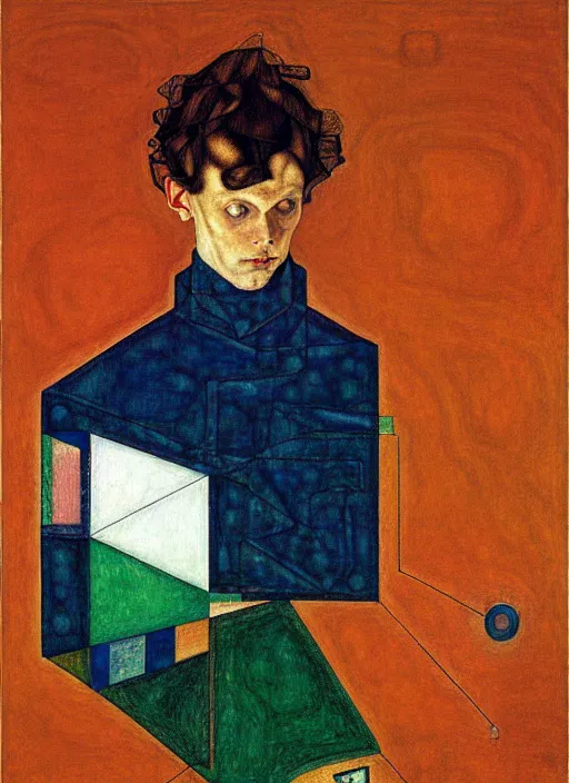 Image similar to creative coder with a computer in geometric harmony, by egon schiele and quint buchholz, portrait, colorful, escher, detail