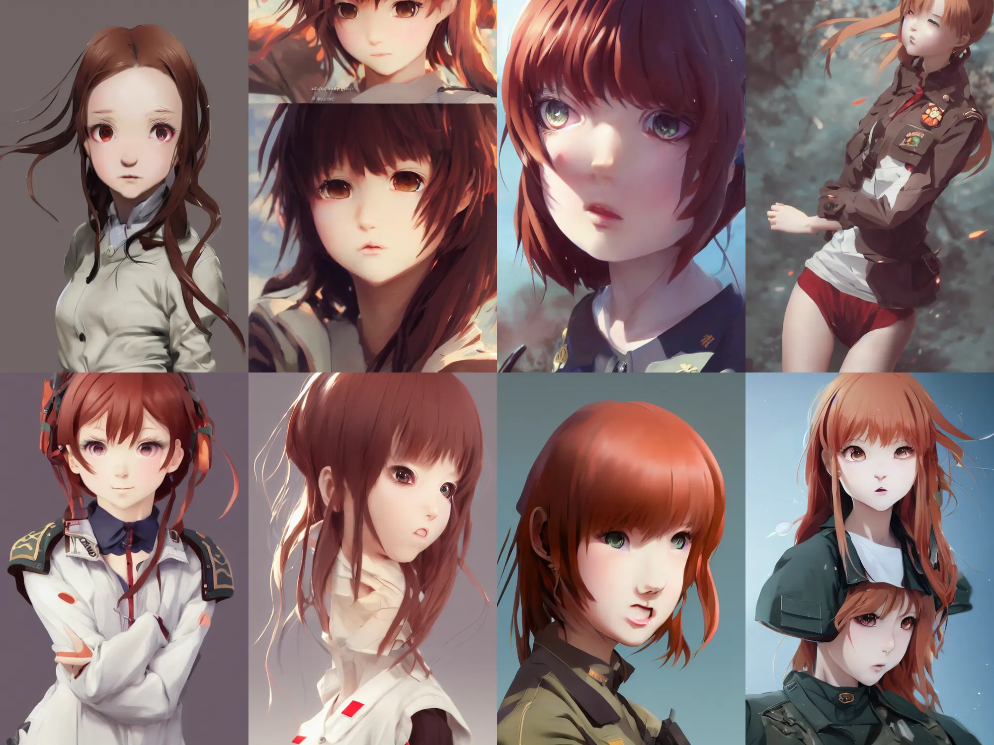 Prompt: Very complicated dynamic composition, realistic anime style at Pixiv CGSociety by WLOP, ilya kuvshinov, krenz cushart, Greg Rutkowski, trending on artstation. Zbrush sculpt colored, Octane render in Maya and Houdini VFX, close-up portrait of young redhead girl in motion, cute, innocent, she expressing joy, wearing military uniform, silky hair, stunning deep eyes. In cityscape. Very expressive and inspirational. Amazing textured brush strokes. Cinematic dramatic atmosphere, soft volumetric studio lighting.