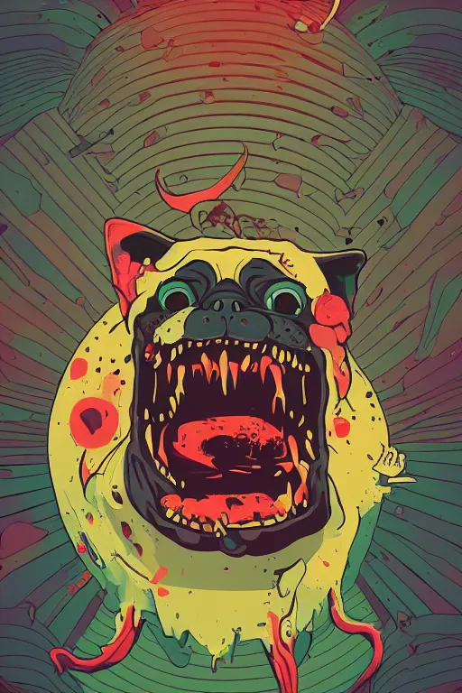 Image similar to demon pug eating flesh. art by mike winkelmann, sticker, colorful, illustration, highly detailed, simple, smooth and clean vector curves, no jagged lines, vector art, smooth