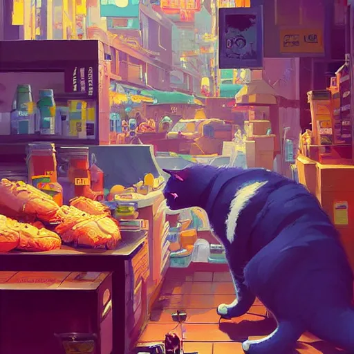 Image similar to cat robbing a food store, art gta 5 cover, artstation by jesper ejsing, by rhads, makoto shinkai and lois van baarle, ilya kuvshinov, ossdraws, and by feng zhu and loish and laurie greasley, victo ngai, andreas rocha, john harris