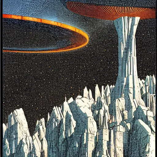 Prompt: an illogical landscape illusion, scifi art by francois schuiten, highly detailed, remodern surrealism, cel - shaded, colored screentone, digitally enhanced.
