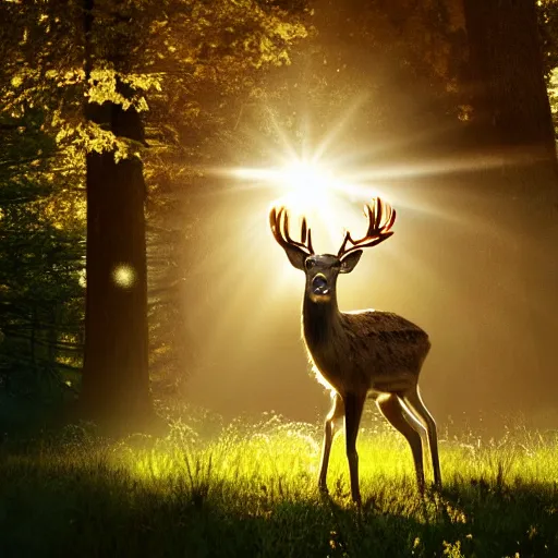 Image similar to A still of a deer exploding in slow motion, sparkles and sun rays, hyperrealistic, photo realistic, realistic, beautiful white lighting, in the middle of the day, hyperdetailed, very detailed