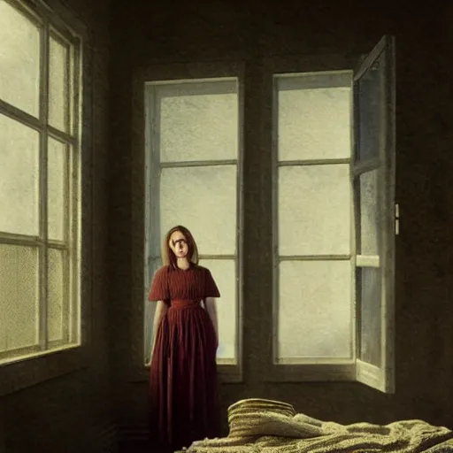 Prompt: a portrait of a young woman standing at an open window by gregory crewdson and andrea kowch