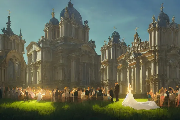 Image similar to an ornate baroque church, wedding party in front, scene in an open field. key visual, conceptart, ambient lighting, highly detailed, digital painting, artstation, concept art, sharp focus, by makoto shinkai and akihiko yoshida and greg manchess